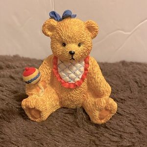 Bronson Collectible 1995 baby bear with rattle bib blue bow